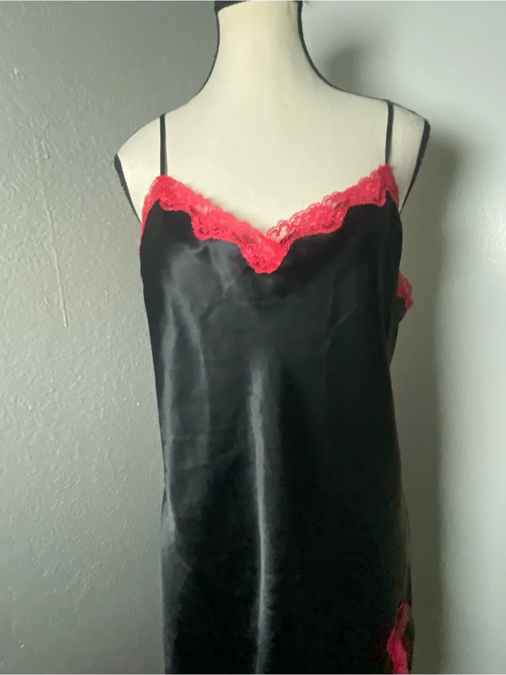 Y2K Victoria’s Secret Black Satin & Red Lace Slip Dress Size Large
